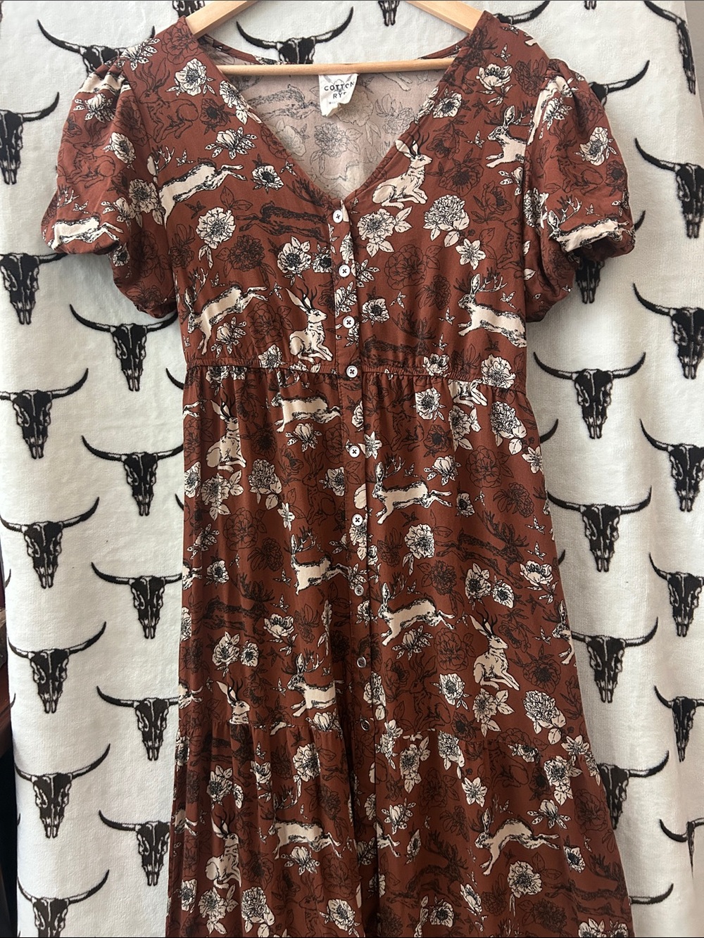 Cotton & Rye Outfitters Rust Jackalope Garden Print Puff Sleeve Maxi Dres